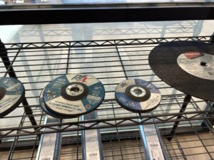 cut-off wheels on indoor shelf